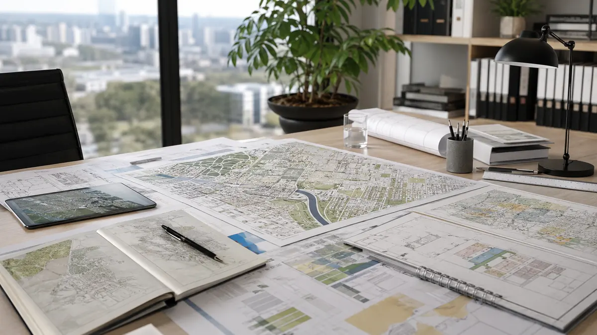 Planning studio desk with spatial development frameworks, land use maps and technical drawings