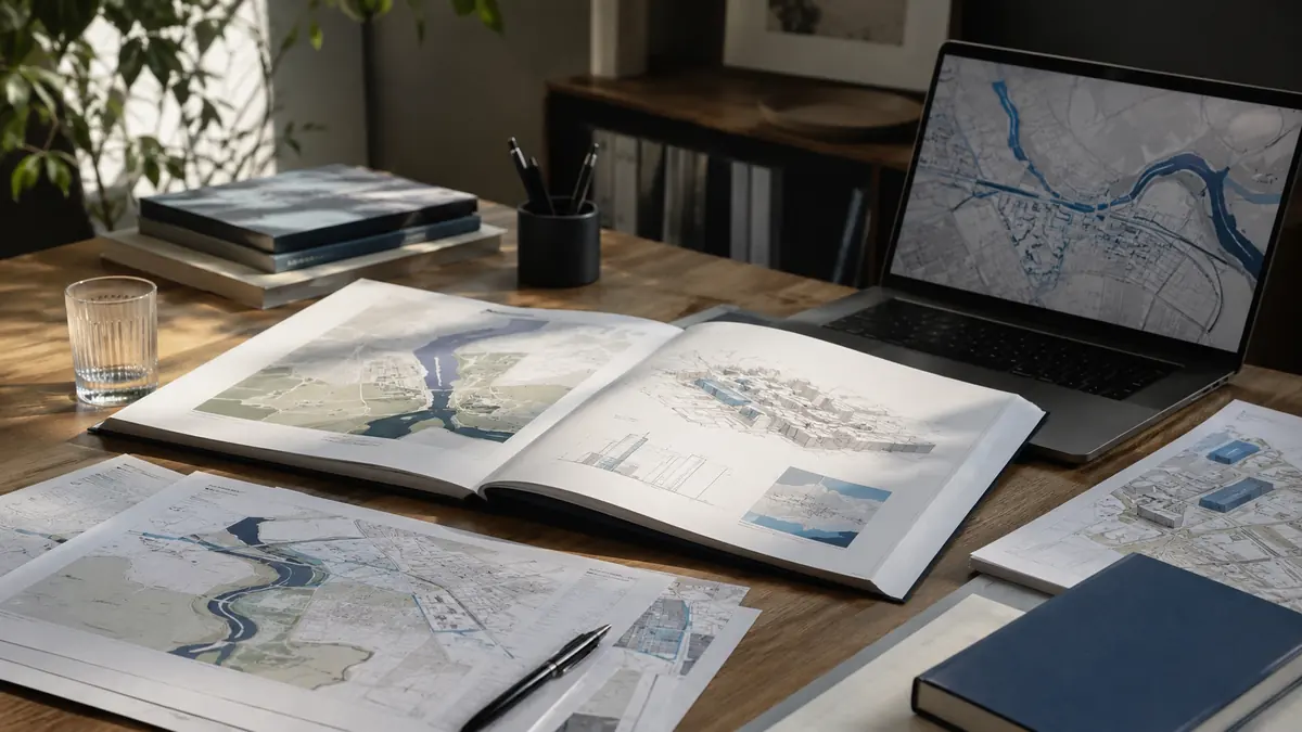 Planning documents, printed maps and a laptop on a studio desk in warm natural light
